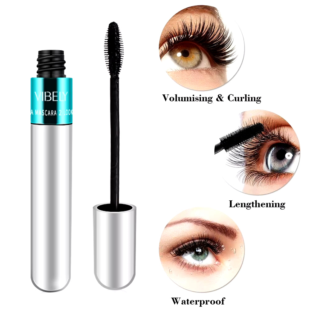 2In1 Super Lashes Mascara 4D Black Waterproof Silk Fiber Long Curling Eyelash Lengthens Sexy Eyes Makeup Cosmetics Silver Tube