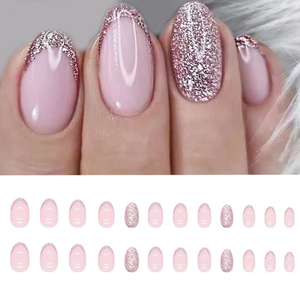 24Pcs Almond Glitter False Nails Short Full Finished round Head Fake Nails for Women French Style Full Cover Press on Nail Tips