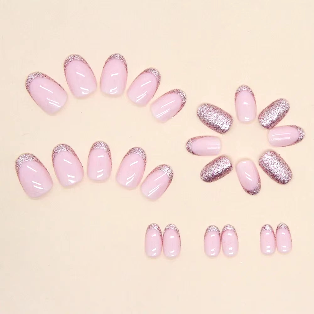 24Pcs Almond Glitter False Nails Short Full Finished round Head Fake Nails for Women French Style Full Cover Press on Nail Tips